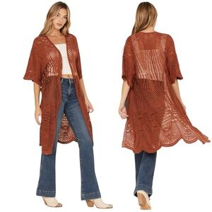 Shyanne Geo Lace Embroidered Kimono Scalloped Hem Terracotta One Size Like New